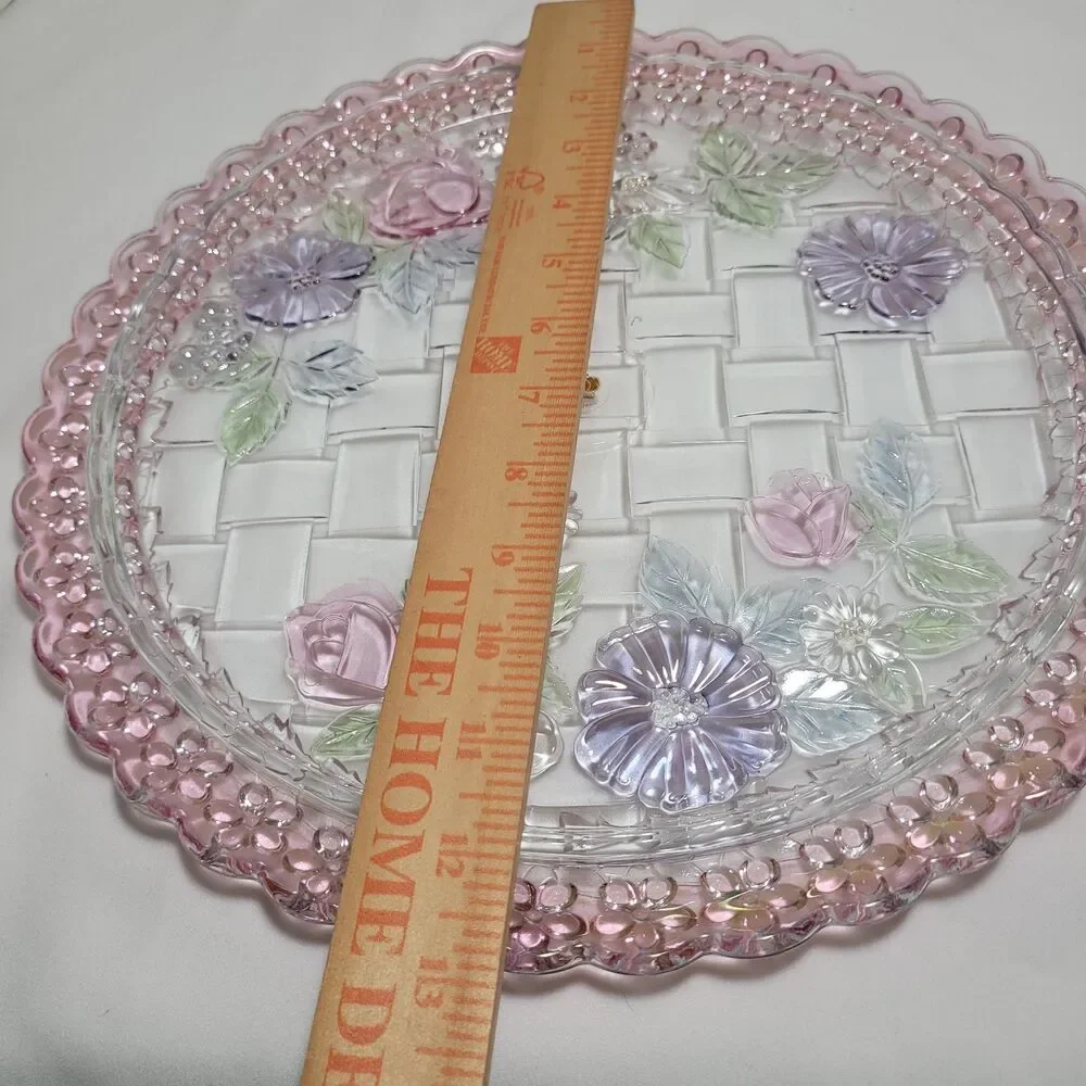 Riccardo Cake Plate Platter Glass Lattice Floral 13